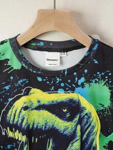 Discovery X SHEIN Tween Boy 绿色扎染恐龙印花圆领上衣弹力罗纹裤紧身睡衣套装，秋冬 - 黑色 - 查看 3