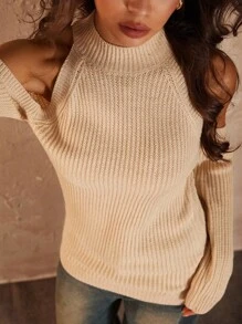 Chiquease Halloween Clothes Fall Women Clothes Women's Fashionable Solid Color Minimalist Ribbed Knit Cold Shoulder Sweater Knit Pullover Fall Winter - Apricot - View 6