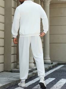 Manfinity Homme Conjunto de chándal informal de talla grande para hombres con sudadera con cremallera y parche de letras, y pantalones, ropa de otoño - Blanco - Ver 2