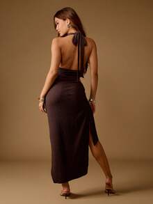 MISSGUIDED 优雅露背吊带镂空褶皱高开衩中长连衣裙，适合晚宴、婚礼宾客等特殊场合，修身露背夏季连衣裙