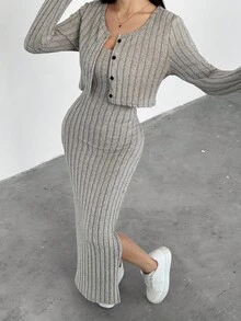 2 件套：休闲罗纹短款飞行员夹克 + 修身短款连衣裙，适合少女穿着，舒适百搭，秋冬 - 杏色 - 查看 4