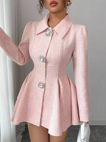 Elenzga French Autumn Tweed Puff Sleeve Dress With Waist Cinching Design, Elegant & Slimming, Suitable For Dates, Autumn/Winter Fall Cloth For Women