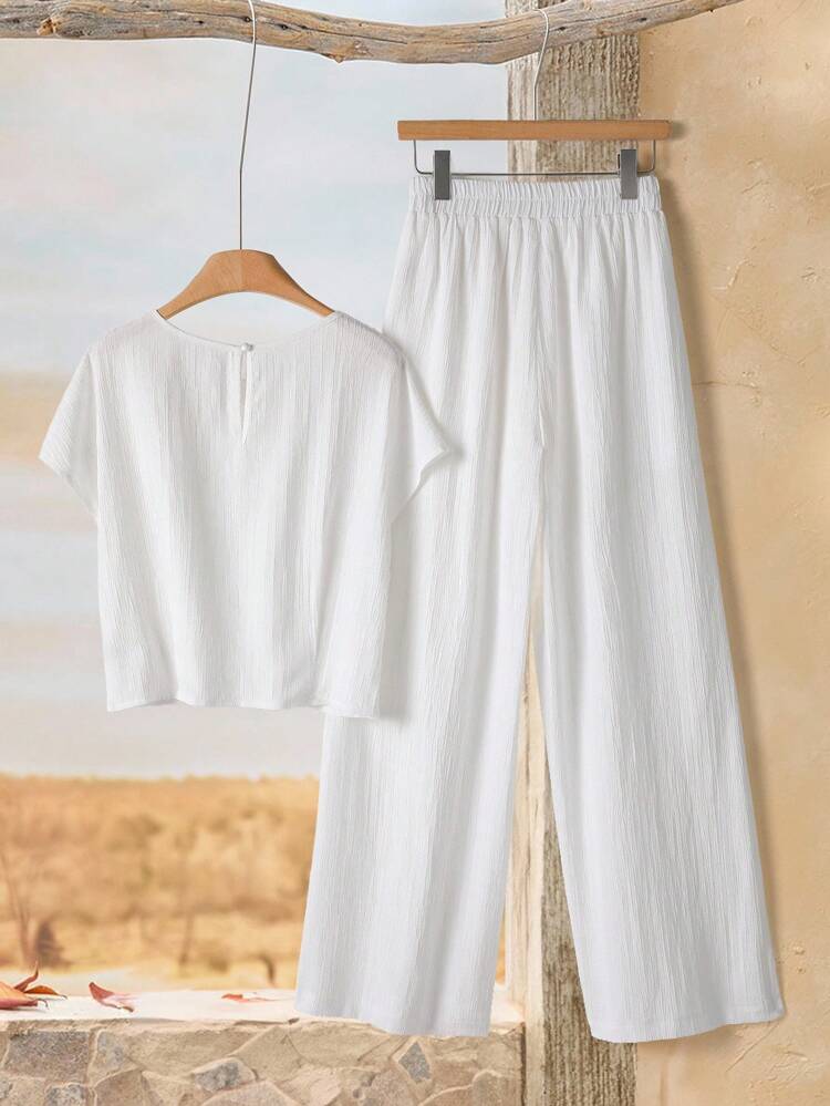 2pcs Women Solid Color Casual Round Neck Short Sleeve Top And Pants Set Business Casual Woman Two Pieces White Set Women White Two Pieces Set Women Wide Leg Pants Set Summer Pants Sets 2 Pieces Linen Sets Women Fall Clothes For Women Autumn Clothes Autumn Women Women's Winter Clothes