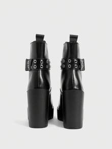 Sugerpunk Giày bốt cao gót đế vuông mũi tròn kiểu Gothic có khóa kim loại cho nữ, chất liệu da lộn và da PU, màu đen, thích hợp cho tiệc tùng, mặc hàng ngày, mặc dạ hội, tăng chiều cao và kéo dài chân - màu đen - Xem 12