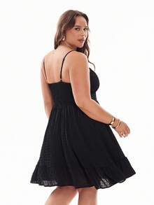 Solavibe 大码毕业礼服白色休闲度假纹理雪纺腰部喇叭形 A 字吊带连衣裙 - 黑色 - 查看 3