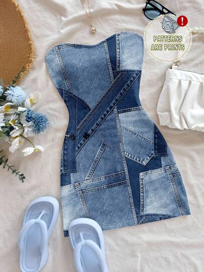 Soleia 海军蓝复古机械纹理印花连衣裙，休闲度假风格，性感可爱，Y2K椰子女孩波西米亚音乐节氛围，适合夏季大码女性