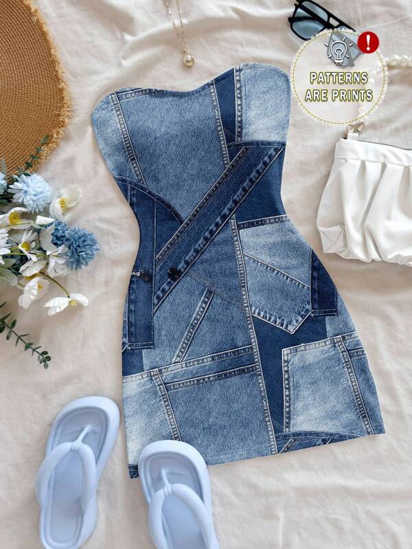 Soleia Vestido con estampado de textura mecánica vintage de color azul marino, estilo informal de vacaciones, sexy, lindo estilo Y2K de chica cocotera bohemia para festival de música, adecuado para mujeres de talla grande en verano