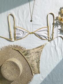 Swim SXY 2pcs/Set New Metal Accessory Double Shoulder Strap Backless Sexy Women Bikini Swimsuit Set, Summer - Gold - View 5