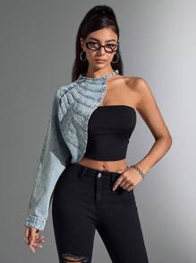 SHEIN Tall Y2K Retro Distressed Asymmetric Denim Jacket, Single Sleeve Denim Top, Denim Scarf Shawl Crop Top For Women - Medium Wash - View 8