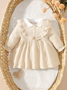 SHEIN 秋季甜美女宝宝针织领荷叶边下摆可爱公主裙 - 杏色 - 查看 3