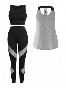 SHEIN Sports 女士休闲字母吊带背心、运动胸罩和紧身裤运动服套装，夏季女士健身套装运动套装女士健身服健身套装女士女士运动套装运动服套装健身夏季健身套装女士运动套装女士运动套装女士健身套装女士健身服健身房装女士健身套装健身服饰健身服运动服套装 - 彩色 - 查看 3