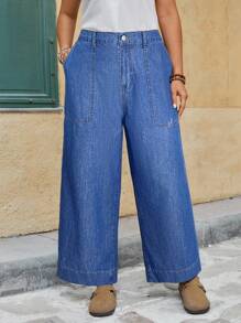 EMERY ROSE Mature Denim 大码女式休闲街头时尚度假风格侧袋宽松阔腿牛仔裤宽松牛仔裤 Y2k 女式阔腿牛仔裤女式阔腿牛仔裤宽松牛仔裤女式阔腿牛仔裤女式阔腿牛仔裤，女式秋季服装 - 中等水洗藍 - 查看 5