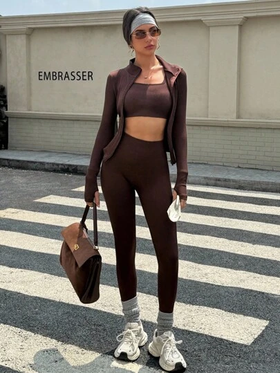 JoyBump 3 件套女士深咖啡色无缝针织紧身裤套装，弹力舒适，适合瑜伽、普拉提、跑步、骑行、健身、户外休闲运动套装