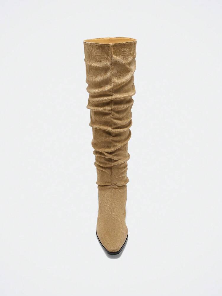 Women's Fashionable Khaki Color Low Heel Over-The-Knee Boots