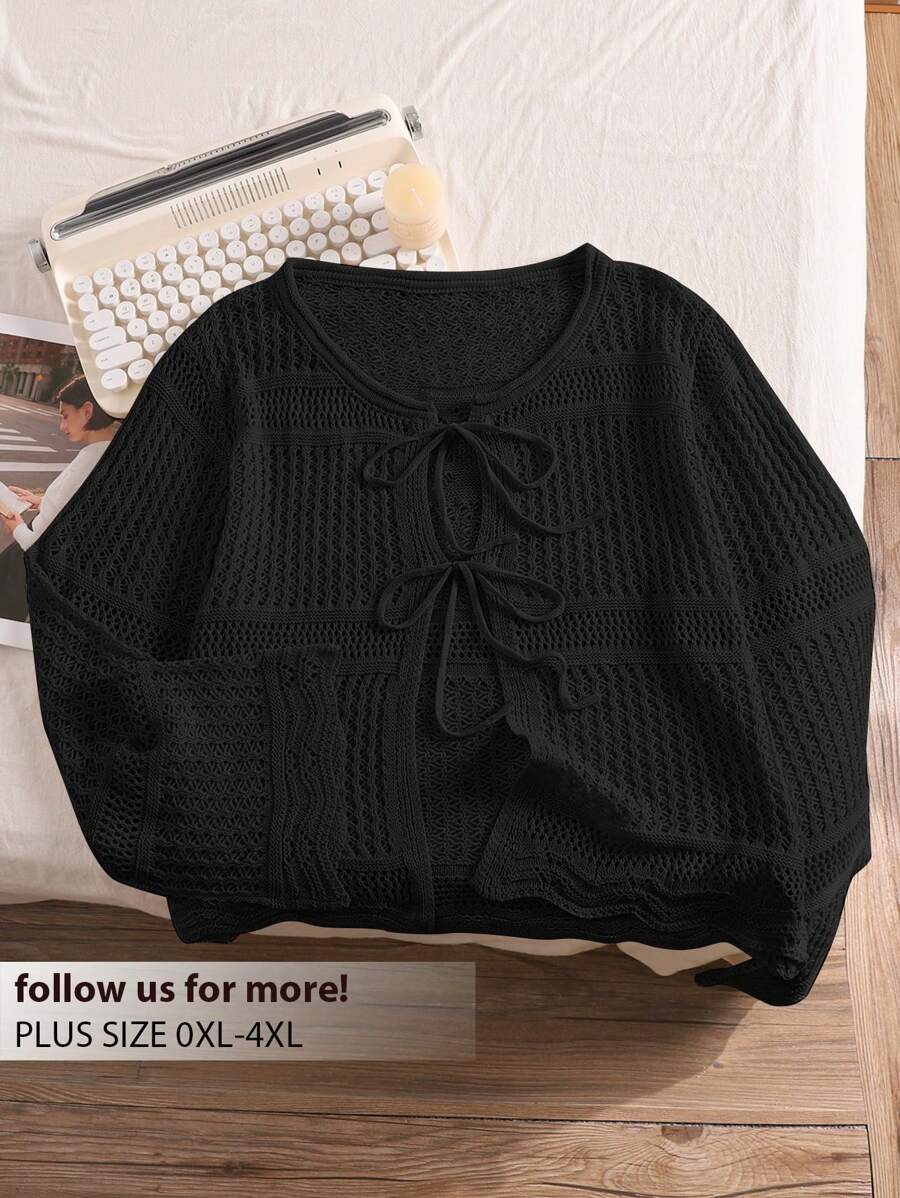 CosyJoli Plus Size Casual Vacation Crochet Front-Tie Loose Fitted Women's Apricot Cropped Long Sleeve Cardigan, For Winter Fall,Slightly Sheer