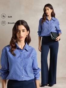Briarwyn Áo sơ mi nữ dài tay cổ rộng, kẻ sọc, thêu chữ, kiểu dáng thường ngày, thích hợp cho mùa thu, đi học, dự tiệc, công sở, dành cho nữ giáo viên, phong cách cổ điển, áo sơ mi kẻ sọc dành cho nữ giáo viên. - Màu xanh lam - Xem 8