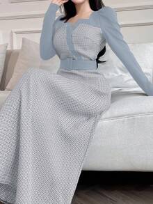 Feyla 女士长袖长裙，简约时尚休闲日常穿着长款晚礼服 - 藍色 - 查看 3