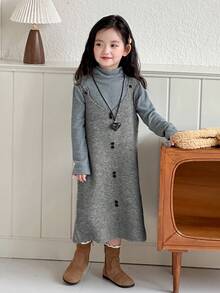 DAZY Young Girl Solid Color V-Neck Sleeveless Korean Style Layered Knit Dress Fall, Winter - Grey - View 5
