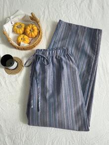 Comfortcana Quần dài cỡ lớn thoải mái, thường ngày, chất liệu cotton lanh, họa tiết sọc, có dây rút ở eo - Màu xanh lam - Xem 5
