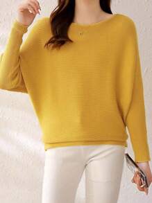 EMERY ROSE Suéter de punto acanalado con cuello de barco, mangas de murciélago y unicolor, tops de manga larga, jersey de punto para otoño e invierno - Amarillo - Ver 6