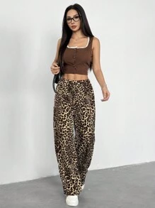 SHEIN Sparklyn 少女豹纹系腰阔腿宽松裤