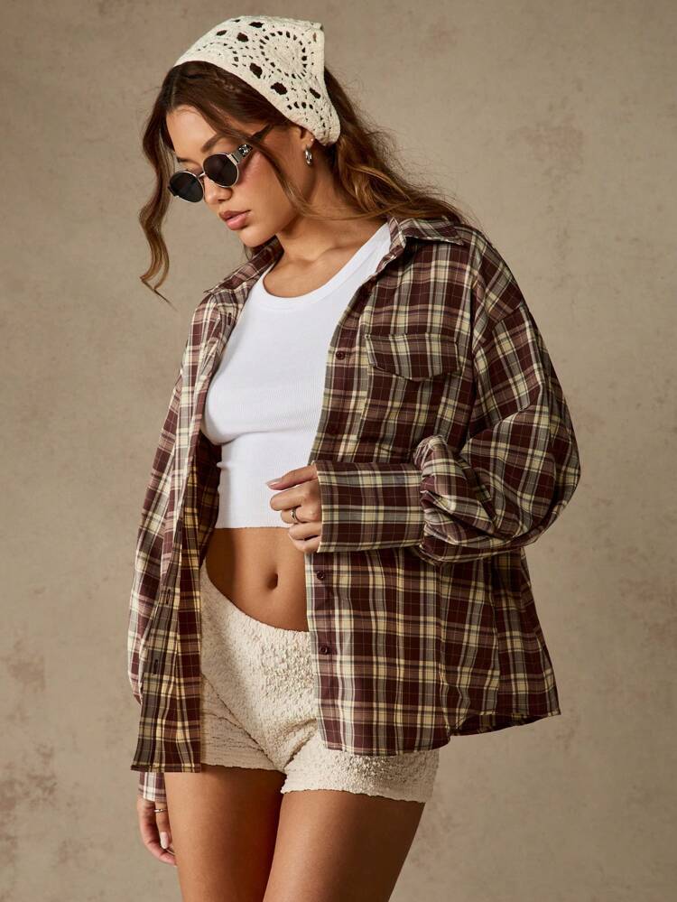 MISSGUIDED Oversized Brown Plaid Button Down Shirt Long Sleeve Flannel Blouse Fall Winter Casual Preppy Grunge Layer Piece Button Up Collared Top