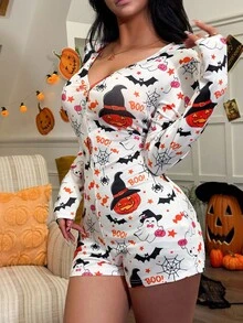 Halloween Pumpkin & Bat Print Long Sleeve Slim Fit Pajamas Cute Jumpsuit, Fall - Multicolor - View 2