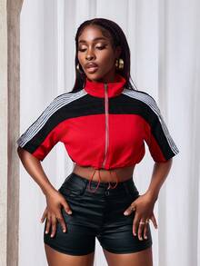 Slaydiva Women's Color Block Patchwork Cropped Denim Jacket - Black - View 4