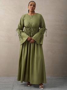 SHEIN Tall CURVE Váy Maxi Cotton Dáng Chữ A Dài Tay Loe Xếp Ly Buộc Cổ Tay Mới Mùa Thu, Đơn Giản & Thoải Mái, Mùa Thu/Đông - xanh quân đội - Xem 7