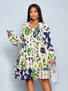SOLERSUN Plus Size Navy Blue Autumn Elegant Vacation Holiday Printing Dress,Waist-Cinching Button-Front Loose Casual Asymmetrical Ruffled Hem A-Line Shirt - Green - View 6