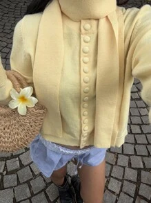 SHEIN EZwear Women's Butter Yellow Solid Color Long Sleeve Casual Cardigan With Scarf,Old Money Style Women ,Cute Sweater,Fall/Winter Sweater For Women - Yellow - View 1