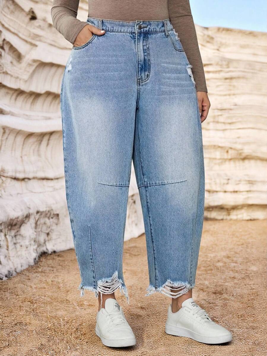 SHEIN Tall CURVE Plus Size Fall Autumn Back To School Homecoming Halloween Y2k Cute Streetwear Goth Grunge Techno Birthday Night Out Going Out Club Airport Casual Washed Distressed Jeans Women's Light Blue Jeans Low Waist Banana Pants Casual, Going Out Casual Non,Stretch American Streetwear Denim Blue Jeans, All Season