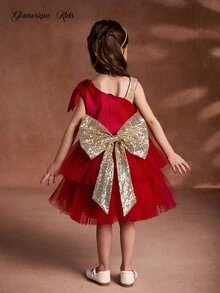 Glamorique Kids 4-Season Girls' Christmas Shiny Performance Dress,Red,Summer,Satin,Party,Sleeveless Oblique Shoulder Big Bow Tulle Layered Sheer Gold Decor Princess - Red - View 1