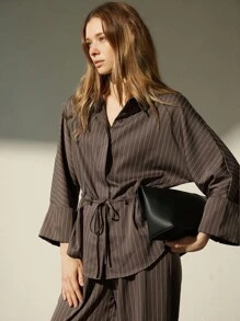 Aveloria Modichic 2 件女式条纹咖啡色狩猎风格服装，宽松休闲长袖衬衫，抽绳领和直筒裤，秋冬 - 棕色 - 查看 6