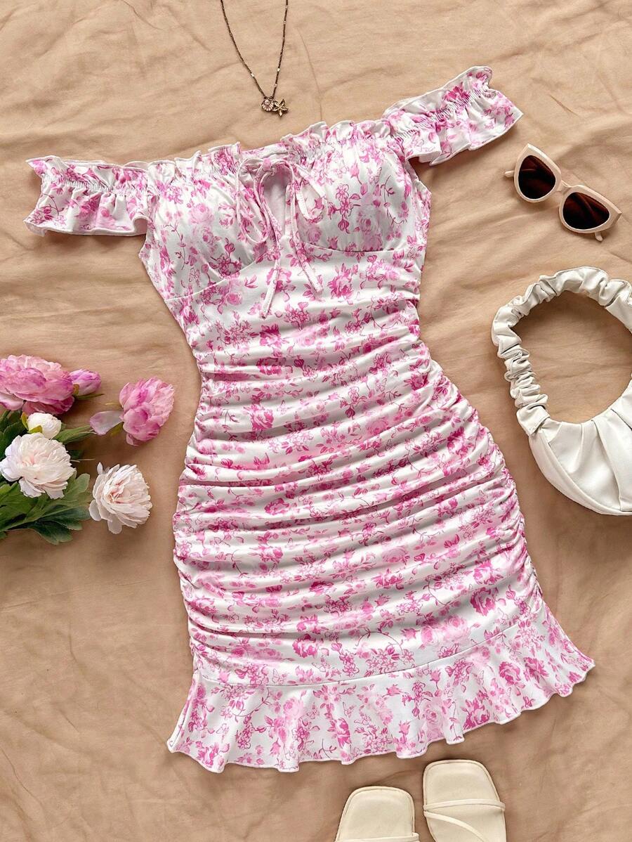 Soleia Vestido mini ajustado con volantes y estampado floral para vacaciones de verano de mujer