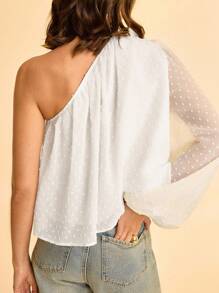 CAJUNI 女式波西米亚风格度假休闲波尔卡圆点纹理雪纺面料斜肩 3D 设计衬衫 - 白色 - 查看 2