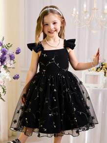 SHEIN Glamorique Kids 少女优雅吊带荷叶边袖刺绣网纱花卉装饰腰部A字公主裙，适合节日派对、生日礼物、度假、夏季穿着 - 黑色 - 查看 1