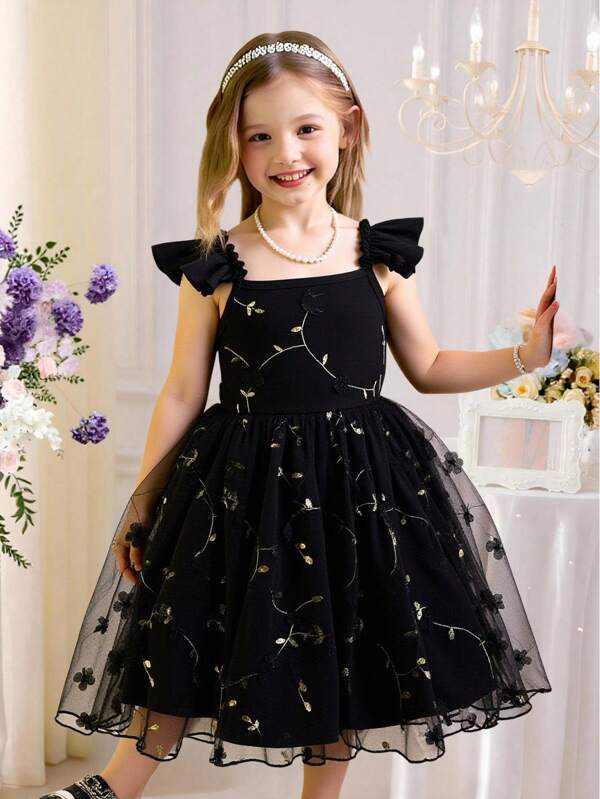 SHEIN Glamorique Kids Young Girl Elegant Spaghetti Strap Ruffle Flare Sleeve Embroidered Mesh Floral Decor Waist A-Line Princess Dress, Suitable For Holiday Party, Birthday Gift, Vacation, Summer