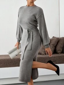 EURMUSE Casual Crew Neck Solid Color Balloon Sleeve Mini Side Slit Belted Bodycon Drop Shoulder Knit Dress For Fall Winter Women Daily Chic Sweater Dress Midi Dress Long Sleeve Midi Dress Knit Midi Dress Midi Knit Dress Belted Knit Dress - Grey - View 1