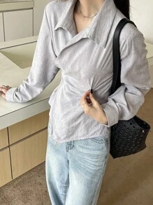 DAZY 女士纯色修身斜领褶皱长袖休闲优雅衬衫，秋冬，秋季女装 - 紫色 - 查看 4