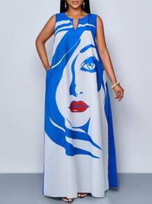 SOLERSUN Plus Size Women's Face Black & White Print V-Neck Long Casual Shirt Dress (With Pockets) Casual Vacation Daily Commute Picnic Street Photography Halloween New Year 2025 New Valentine's Day