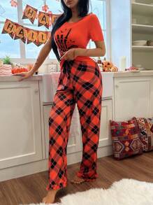 CoupledUp Bộ đồ ngủ quần kẻ sọc tay ngắn in họa tiết Halloween dành cho nữ - trái cam - Xem 3