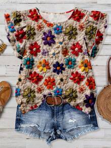 EMERY ROSE Áo cánh nữ cổ tròn tay lửng họa tiết hoa giản dị, thích hợp cho mùa xuân/hè - Nhiều màu - Xem 5