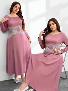 Modelyn Spring/Autumn Boat Neck Graphic Print Bodycon Knit Midi Dress Fall Cloth For Women - Pink - View 5