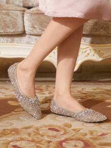 CUCCOO TILAWA 女士时尚尖头香槟色水钻装饰平底鞋，奢华舒适一脚蹬休闲鞋 - 香檳色 - 查看 3