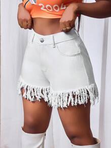 Slaydiva Pantaloncini di jeans casual da donna con orlo a frange, colore tinta unita, estivi