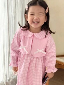 SHEIN 女婴甜美可爱粉色格子二合一长袖连衣裙，撞色白色蝴蝶结装饰 - 粉色 - 查看 6