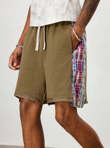 ROMWE MEN Prep Men's Plaid Patchwork Drawstring Waist Pocket Loose Casual Shorts - Brown - View 5
