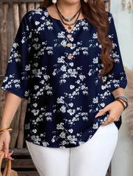 EMERY ROSE Plus Size Ditsy Floral Casual Shirt, Suitable For Autumn Chic Blouses For Women,Fall Clothes For Women