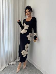 Elenzga Gaun Sweater Ketat Berkerah Persegi Rajut Jacquard untuk Wanita, Pakaian Musim Gugur dan Musim Dingin - Hitam - View 2